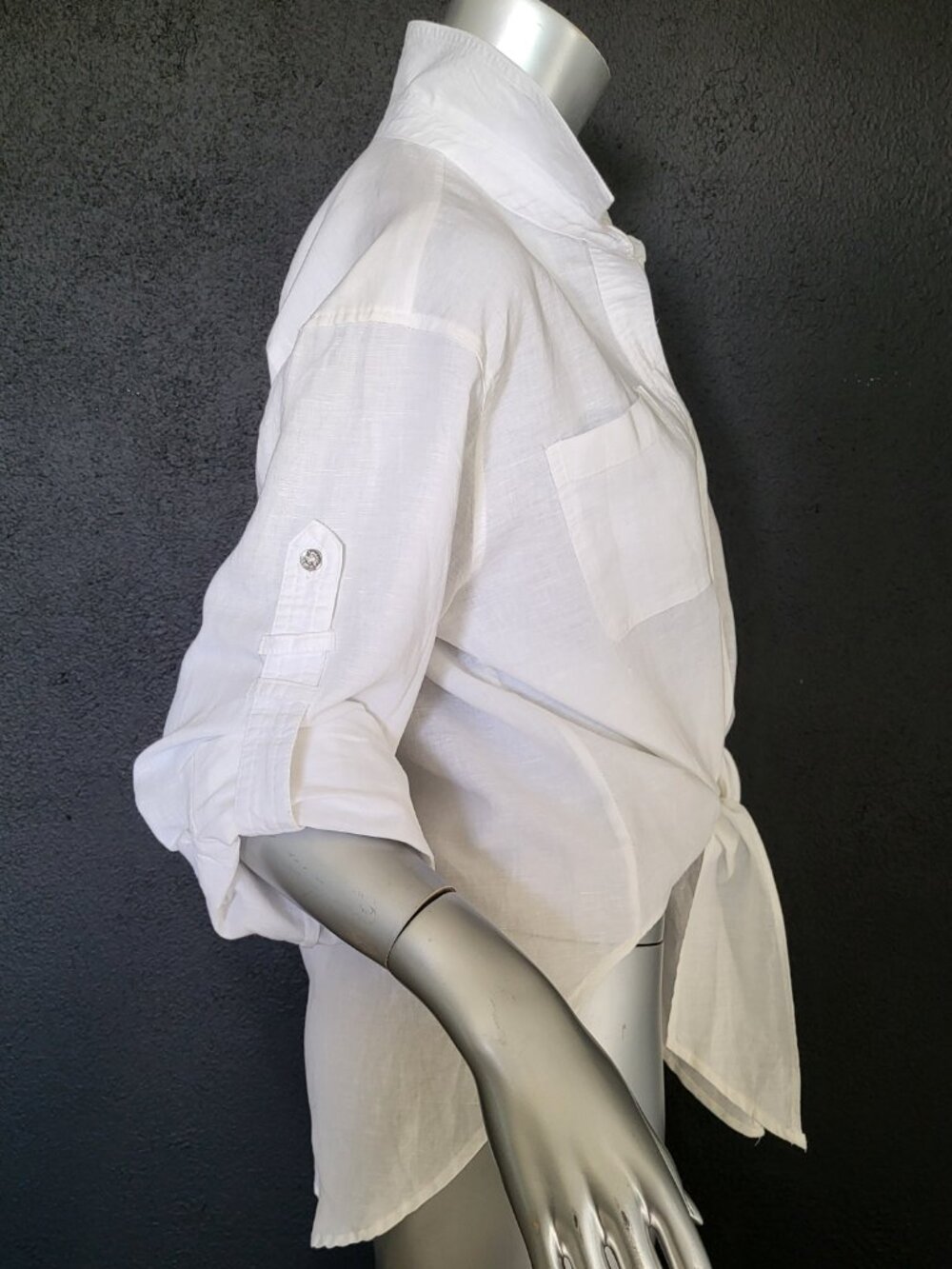 NWT~$90~KARL LAGERFELD~SZ M~WHITE ROLL TAB SLEEVE SHIRT TOP BLOUSE PARIS LOGO - Picture 5 of 16